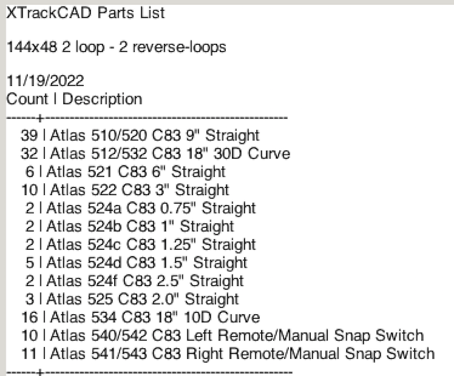 X-Track CAD track list